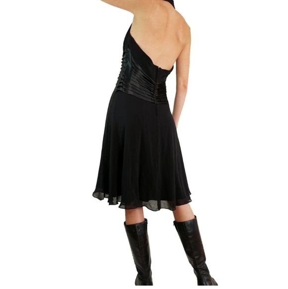 TADASHI Vintage Black Silk Satin Pleated Chiffon Skirt Open Back Dress - Picture 2 of 7